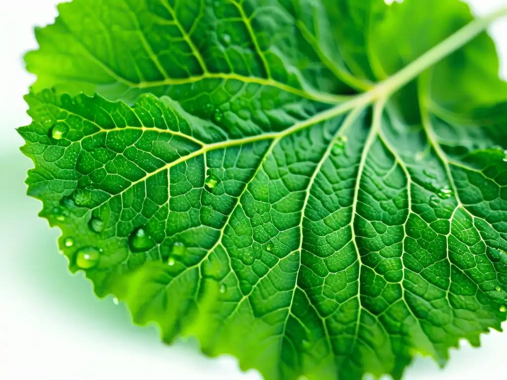 Una hoja de col rizada verde vibrante y fresca, con gotas de agua, sobre fondo blanco