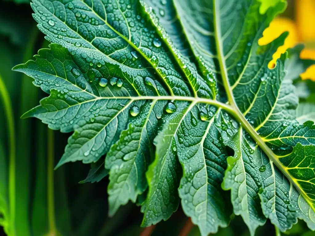 Una hoja de col rizada verde vibrante con gotas de agua, iluminada por luz natural, evocando pureza y belleza orgánica