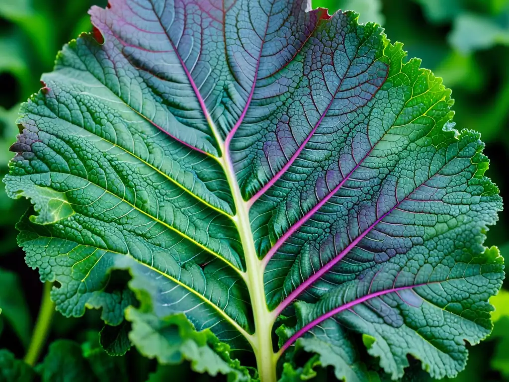 Una hoja de col rizada vibrante y detallada, con patrones intrincados y colores ricos que evocan vitalidad y beneficios de alimentos orgánicos en la prevención de enfermedades crónicas