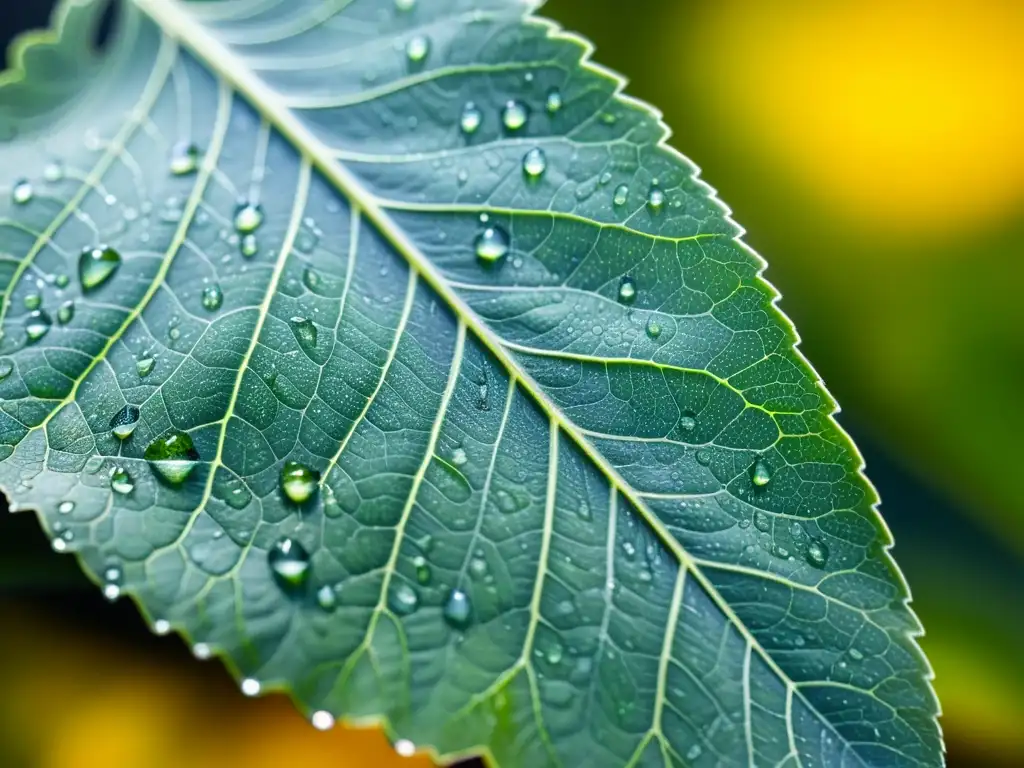 Una hoja sana con venas verdes vibrantes y gotas de agua