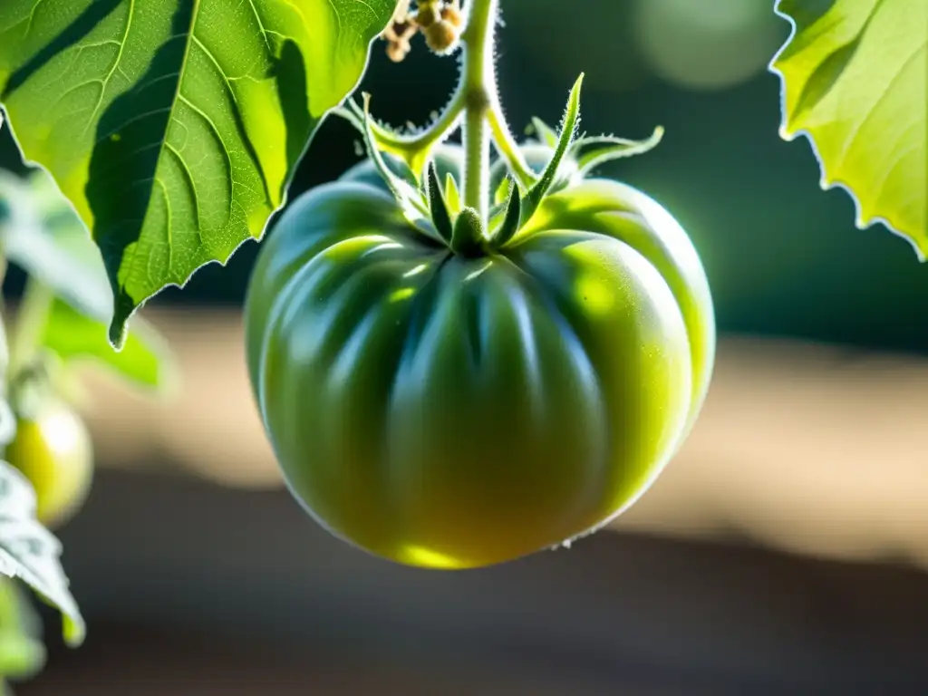 Hoja de tomate orgánico bañada por hongos benéficos en agricultura orgánica, bajo la luz del sol