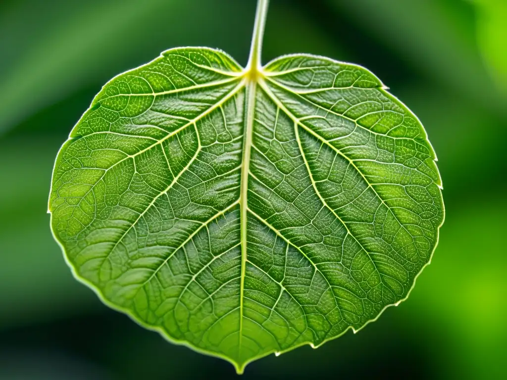 Una hoja de tomate orgánico iluminada por luz natural, detallando la red de venas y textura