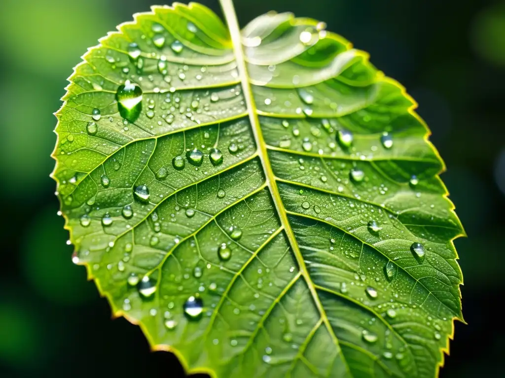 Una hoja verde brillante con gotas de agua, iluminada por el sol