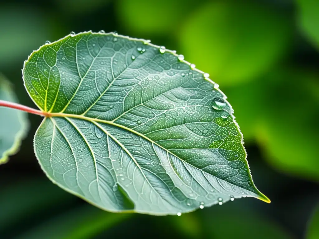 Una hoja verde con delicadas venas y gotas de agua, iluminada por luz natural