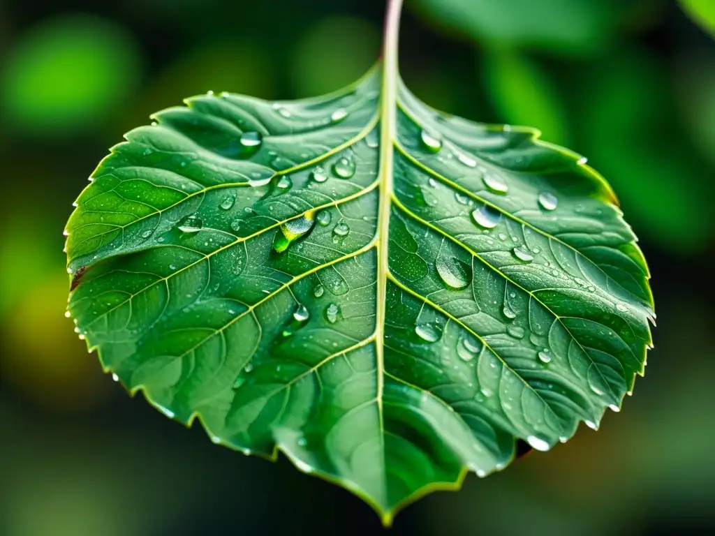 Una hoja verde exuberante con gotas de agua, reflejando la luz en un patrón de colores