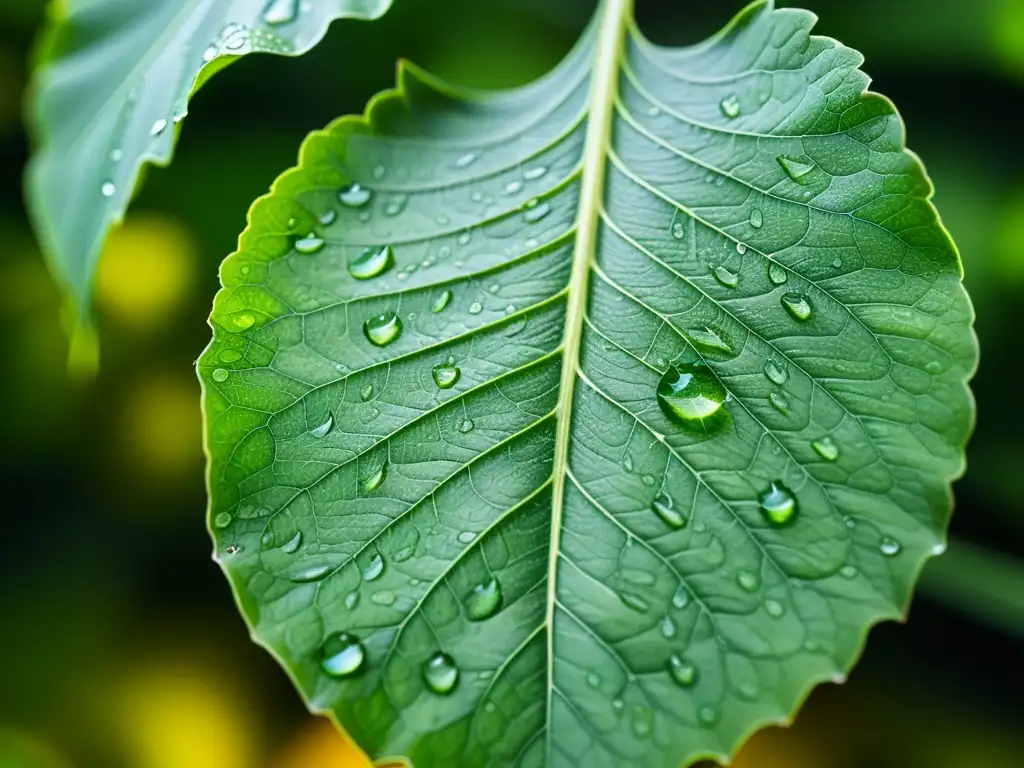 Una hoja verde exuberante con gotas de agua, iluminada por suave luz natural