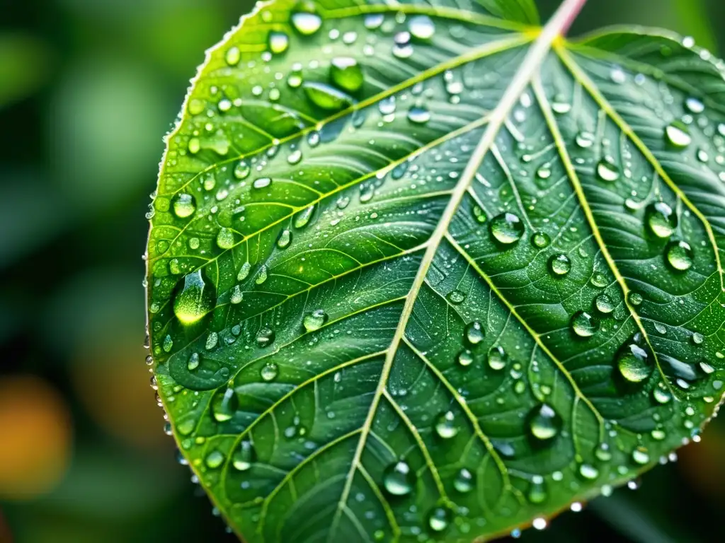 Una hoja verde vibrante cubierta de gotas de rocío, con trampas cromáticas para plagas orgánicas