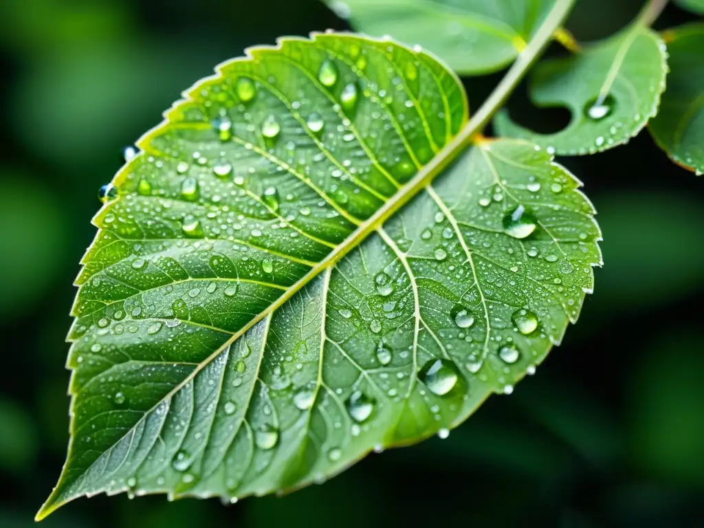 Una hoja verde vibrante cubierta de delicadas gotas de agua, con venas y texturas detalladas