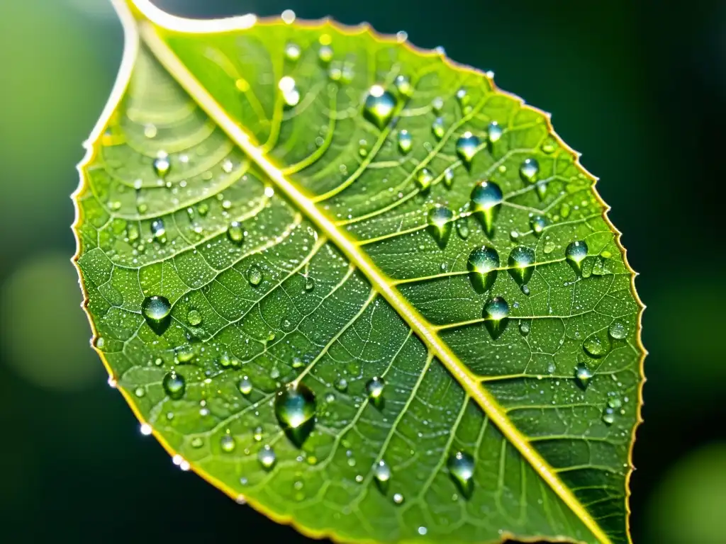 Una hoja verde vibrante cubierta de diminutas gotas de agua, con el sol creando un impacto huella hídrica producción orgánica a través de ellas