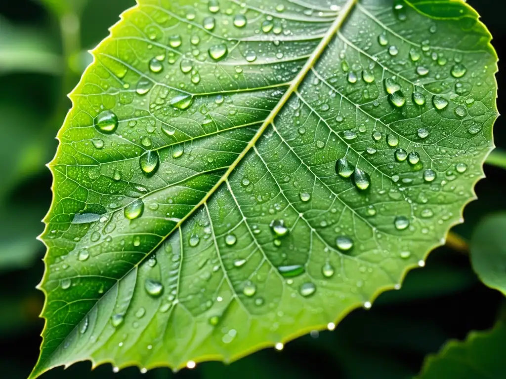 Una hoja verde vibrante cubierta de gotas de agua, con sombras y destellos de luz