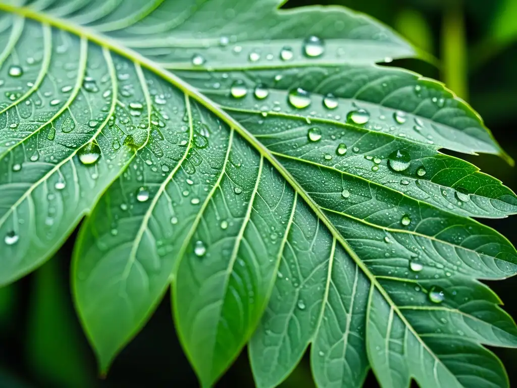 Una hoja verde vibrante con delicadas venas y gotas de agua, evocando pureza natural