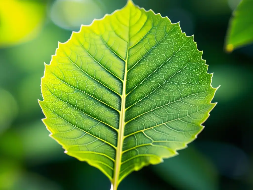 Una hoja verde vibrante con detalles intrincados, bañada por la luz solar