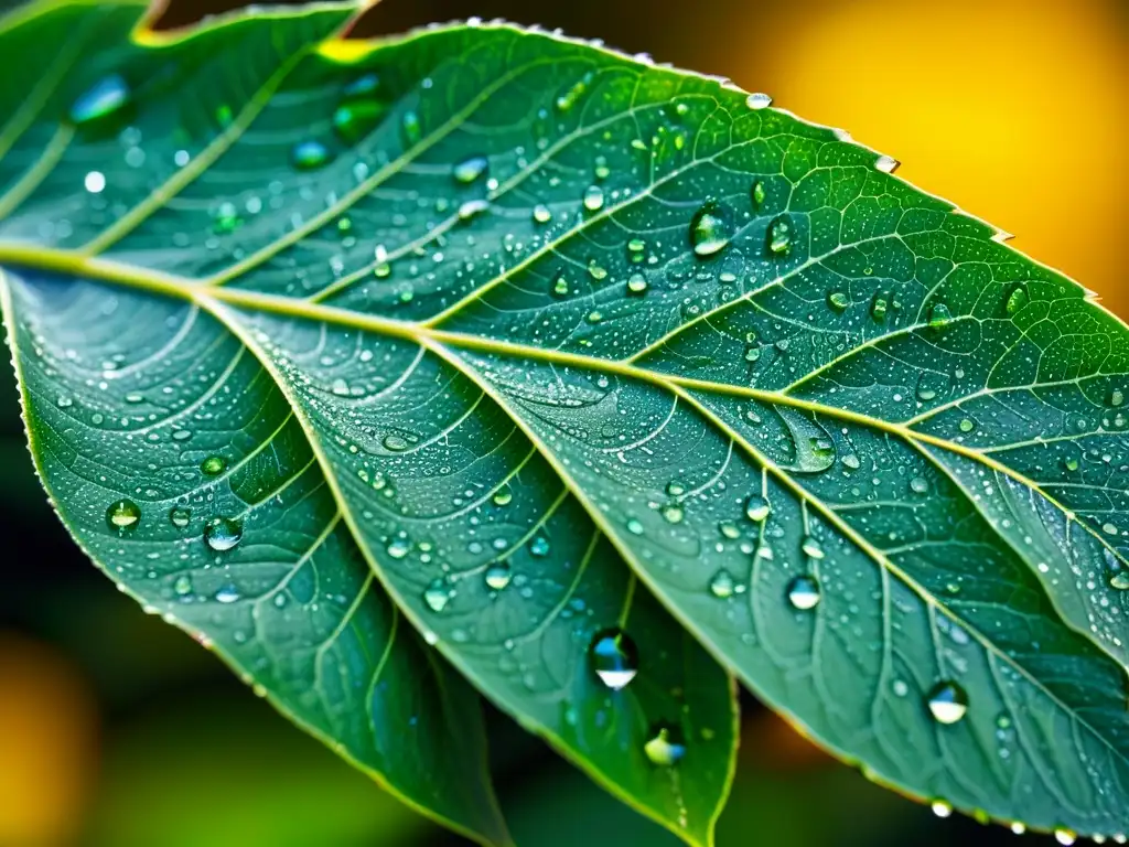 Una hoja verde vibrante con gotas de agua, reflejando la luz