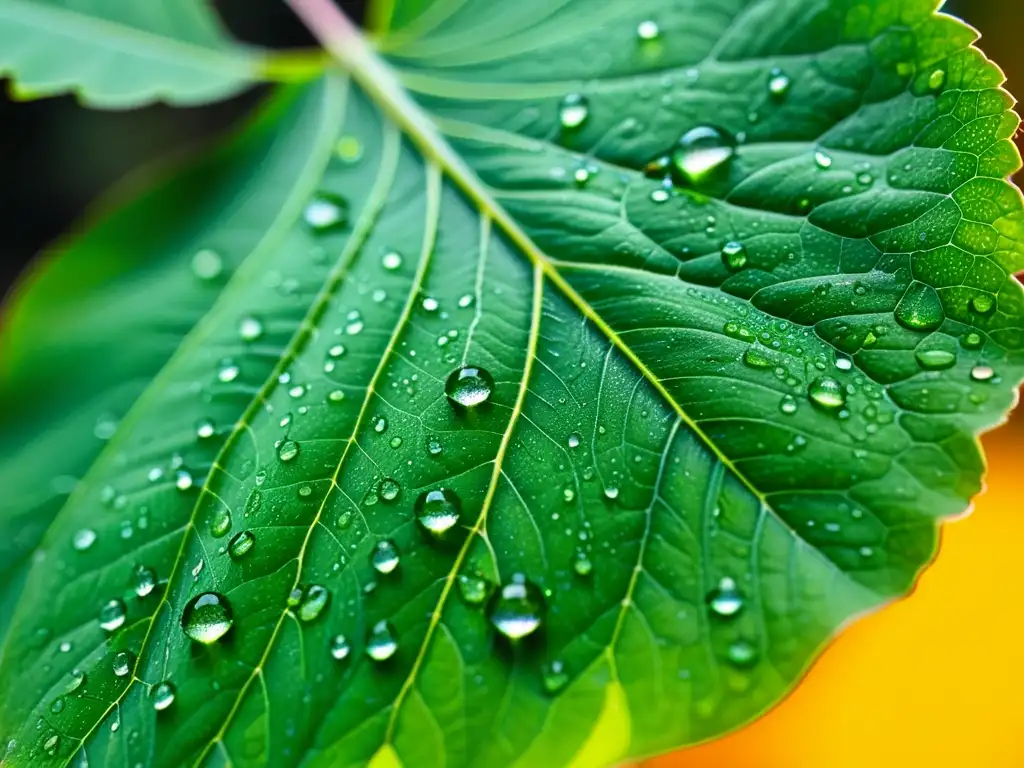 Una hoja verde vibrante con gotas de agua, reflejando la luz suave