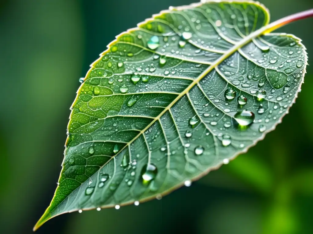 Una hoja verde vibrante con gotas de agua, iluminada por luz natural