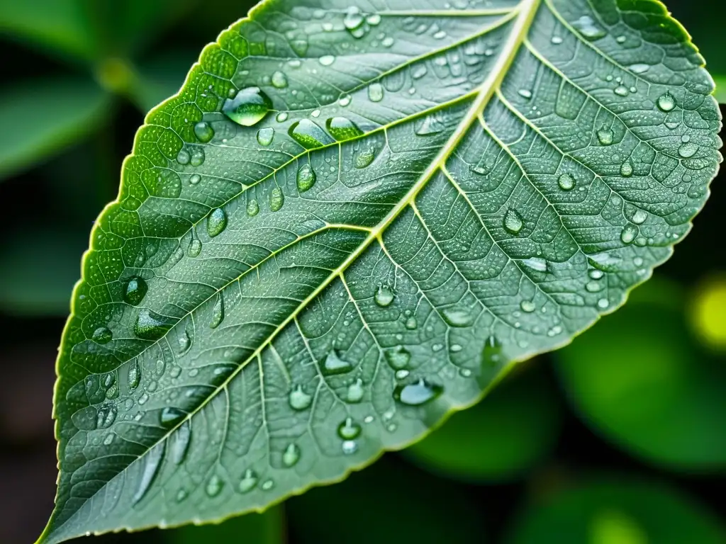 Una hoja vibrante con gotas de rocío, muestra una red de venas detallada