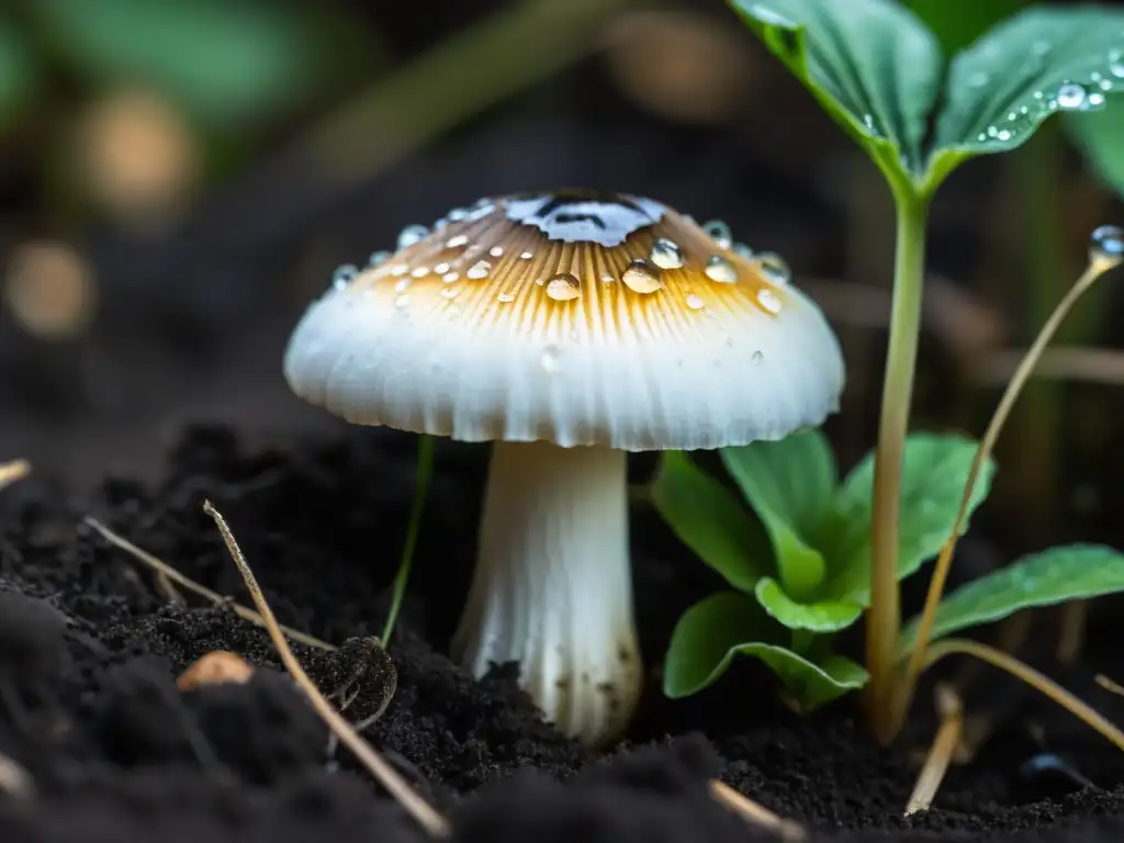 Un hongo blanco emerge de la tierra oscura, con gotas de agua y luz suave