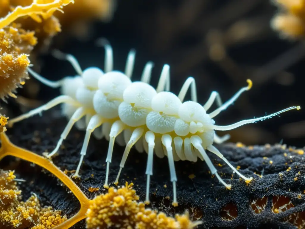 Hongos entomopatógenos control plagas agricultura: Detalle del hongo Beauveria bassiana invadiendo el exoesqueleto de un insecto huésped