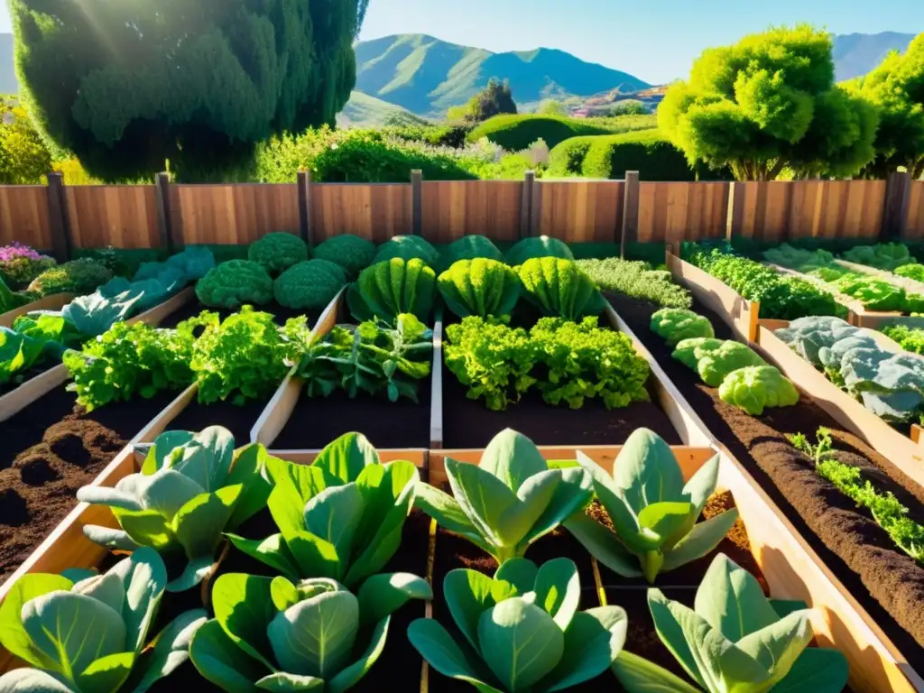 Un huerto orgánico bañado por el sol, con hileras de verduras vibrantes y una valla de madera