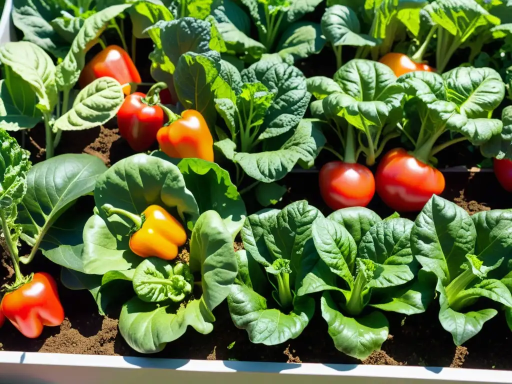 Un huerto orgánico exuberante con lechugas verdes, tomates rojos y pimientos, bañados por la luz del sol