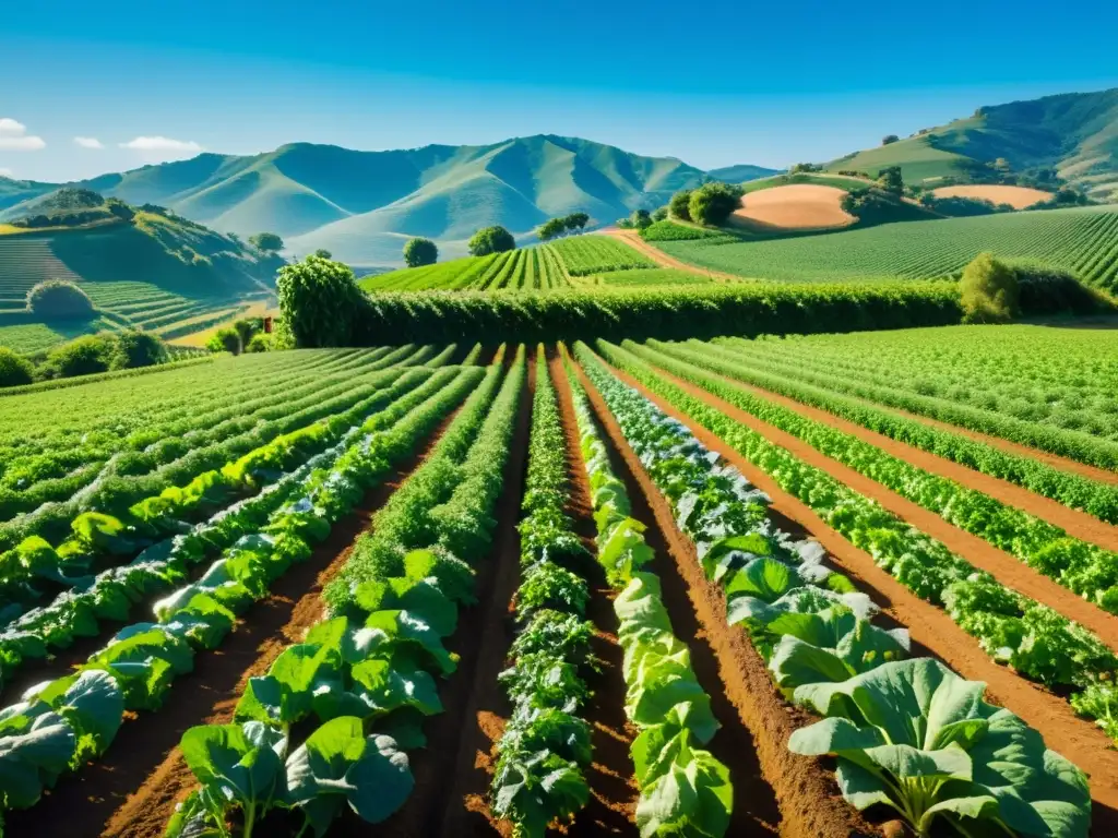 Un huerto orgánico exuberante y ordenado bajo el sol, evocando armonía ambiental