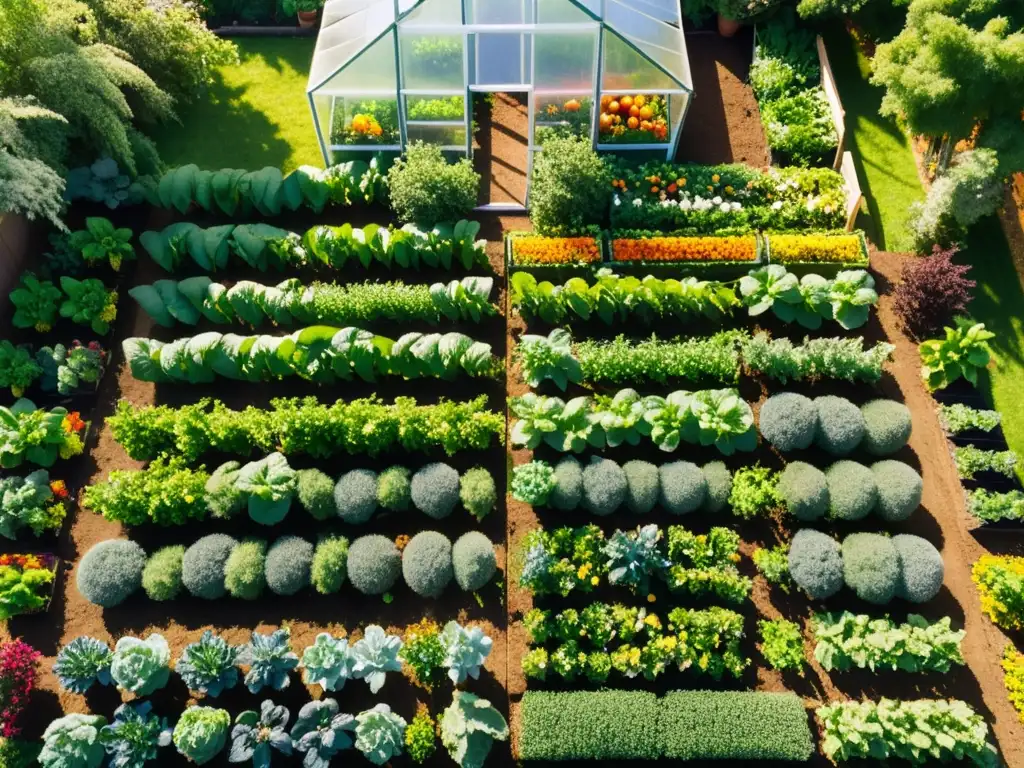 Un huerto orgánico exuberante y productivo, con hileras de vegetales y frutas, un invernadero al fondo