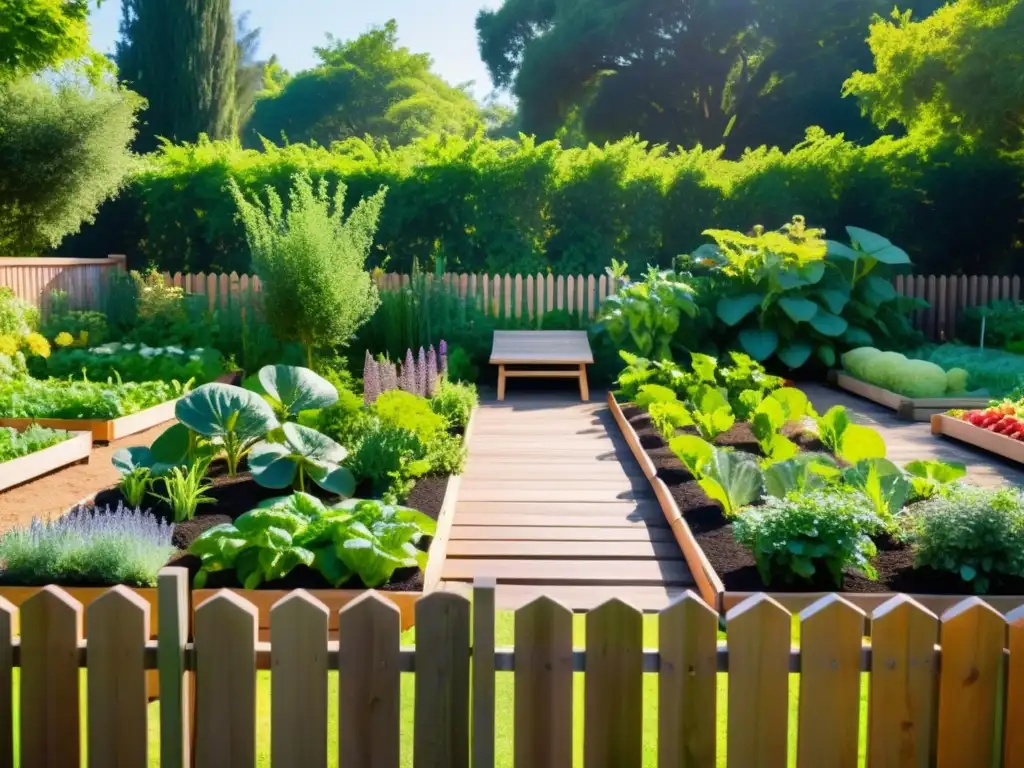 Un huerto orgánico exuberante y sereno, con frutas y verduras vibrantes, bañado por la luz del sol