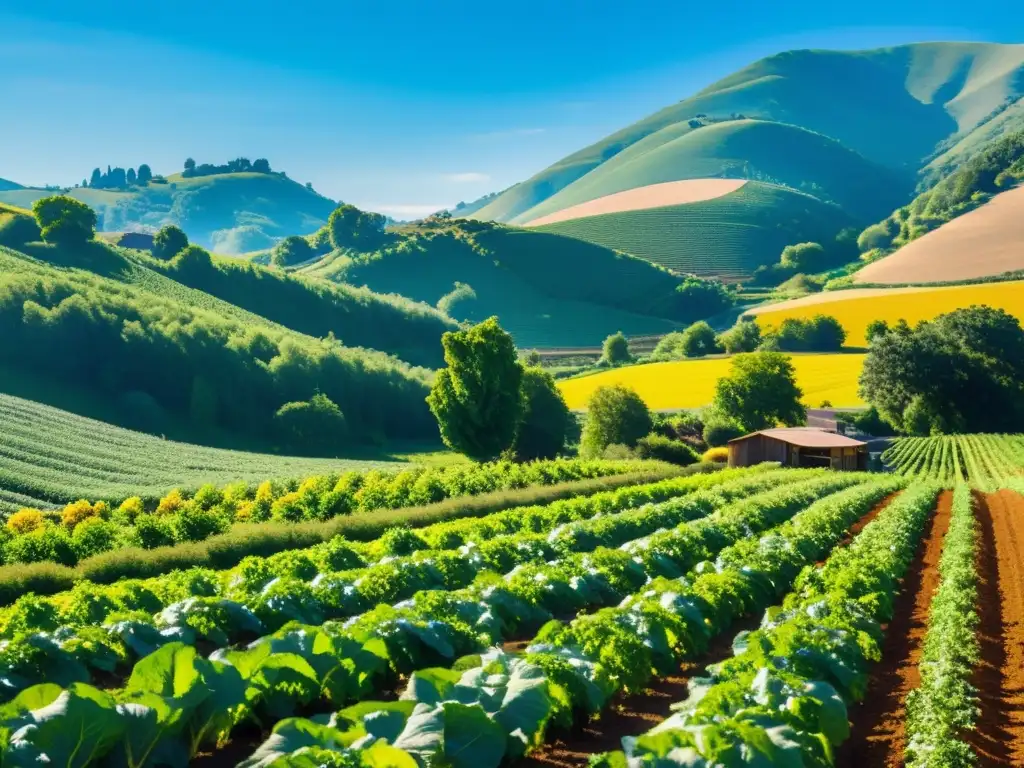 Un huerto orgánico exuberante y vibrante con cultivos coloridos y frutas, rodeado de colinas verdes y cielo azul