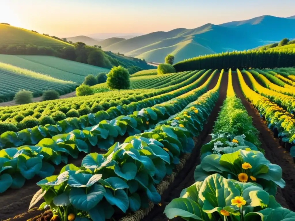 Un huerto orgánico exuberante y vibrante con filas de vegetales y frutas coloridas bajo el cálido resplandor dorado del atardecer