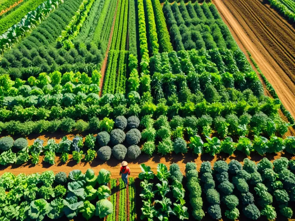 Un huerto orgánico exuberante y vibrante, con variedad de cultivos y una atmósfera de cuidado y dedicación