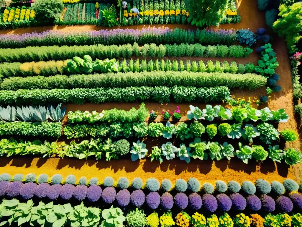 Un huerto orgánico rebosante de vida y biodiversidad, maximizando la biodiversidad en un entorno armonioso y próspero