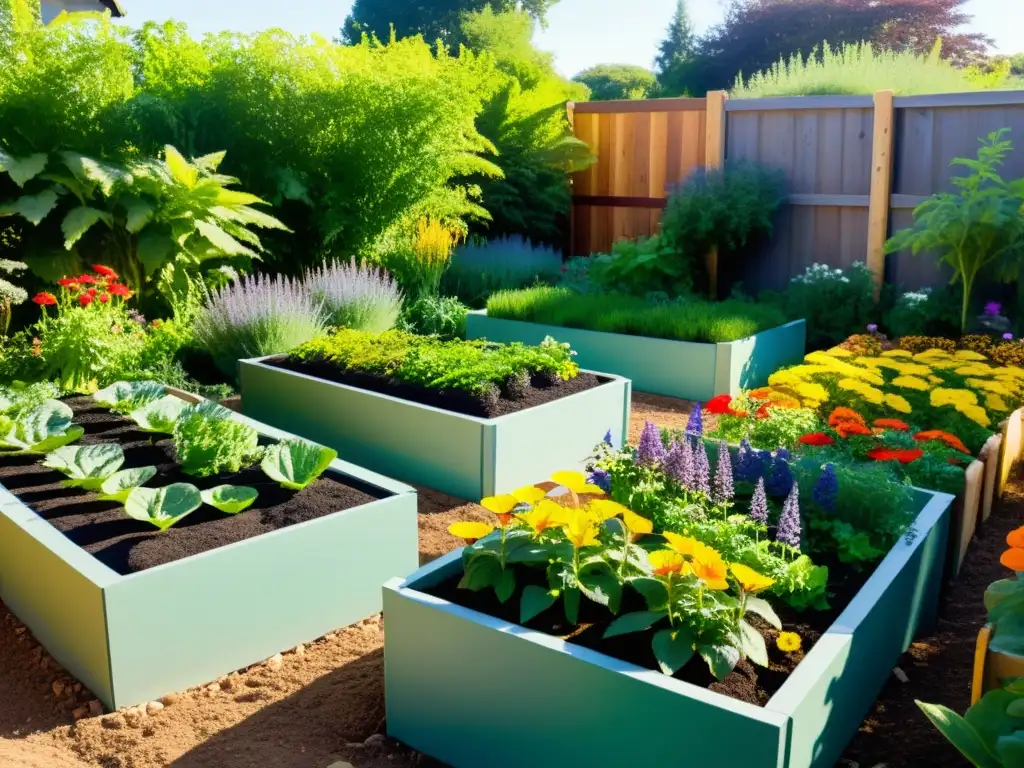 Un huerto permacultural exuberante y armonioso con cultivos y flores vibrantes