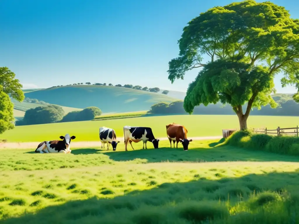 Un idílico campo orgánico bañado por el sol, donde vacas pacíficas pastan en un prado exuberante