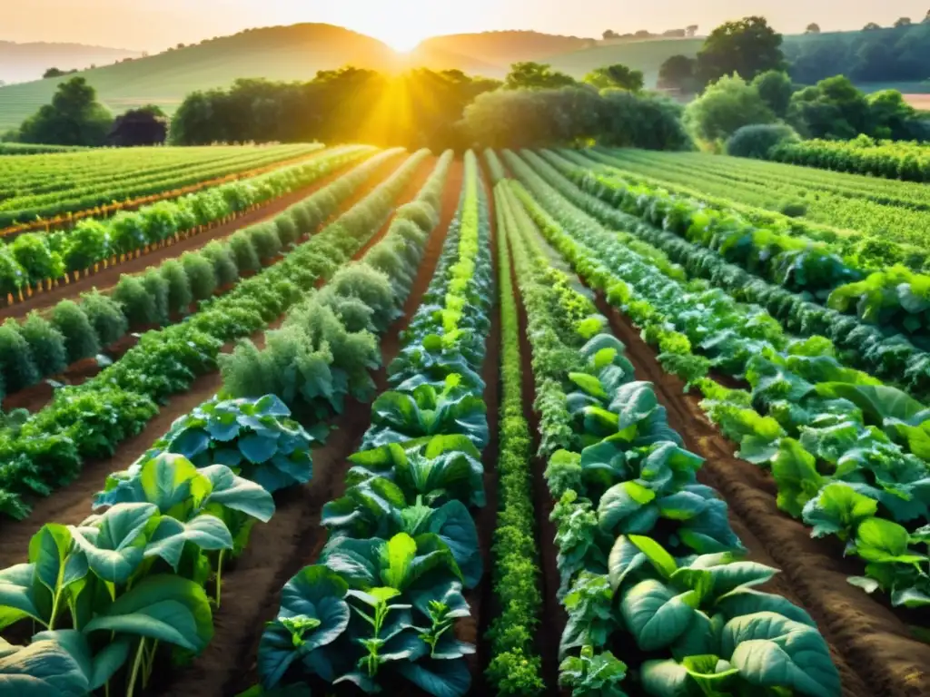 Un idílico campo orgánico con cultivos vibrantes bañados por el cálido sol