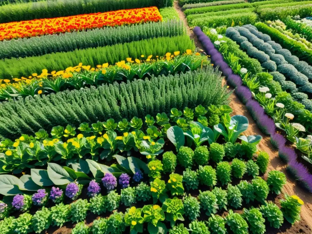 Un idílico y diverso huerto orgánico rebosante de vida y color