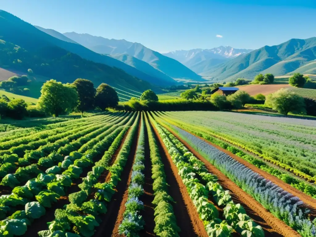 Granja orgánica vibrante y exuberante bajo el cielo azul Un idílico paisaje de una granja orgánica sostenible con cultivos variados bajo un cielo azul