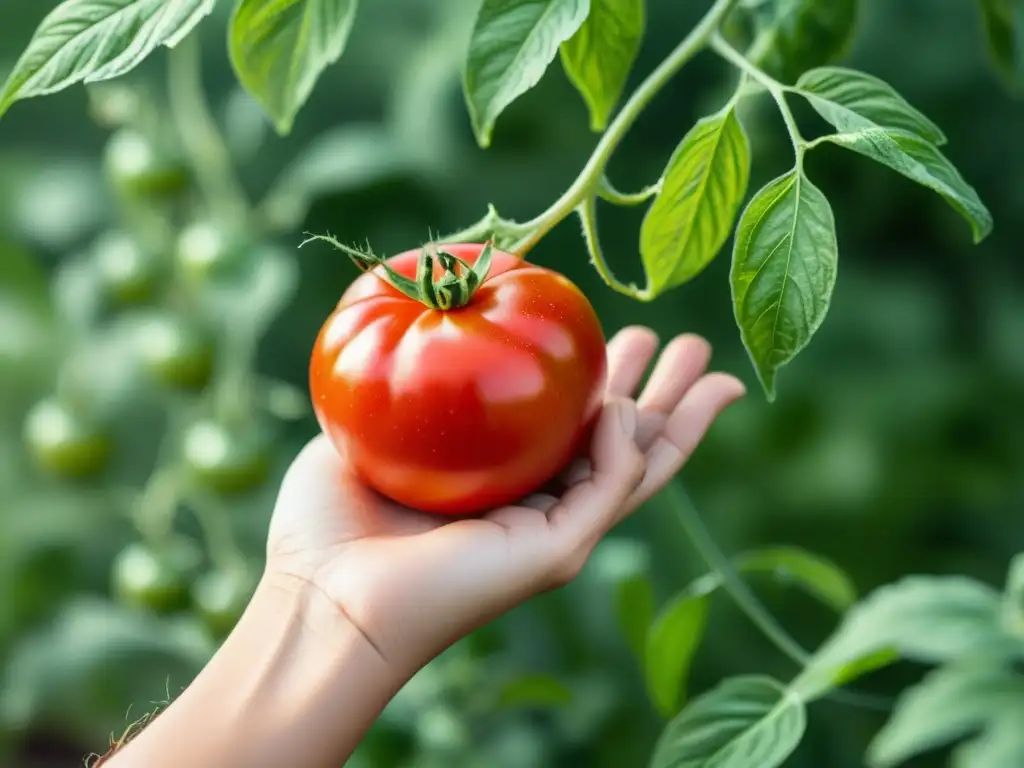 Una ilustración detallada muestra una mano sosteniendo un tomate maduro con hojas orgánicas