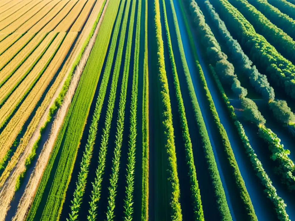 Una ilustración minimalista de un campo verde exuberante y vibrante, con cultivos orgánicos y un cielo azul claro