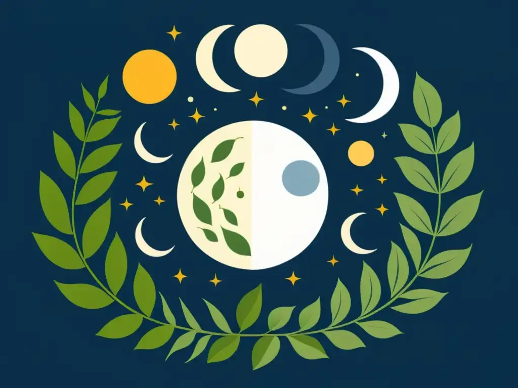 Una ilustración minimalista de un jardín con cultivos y plantas organizados según fases lunares, transmitiendo armonía y equilibrio