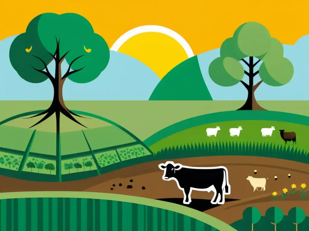 Una ilustración minimalista de una granja diversa y exuberante, mostrando la relación simbiótica entre plantas, animales y suelo en la agricultura regenerativa