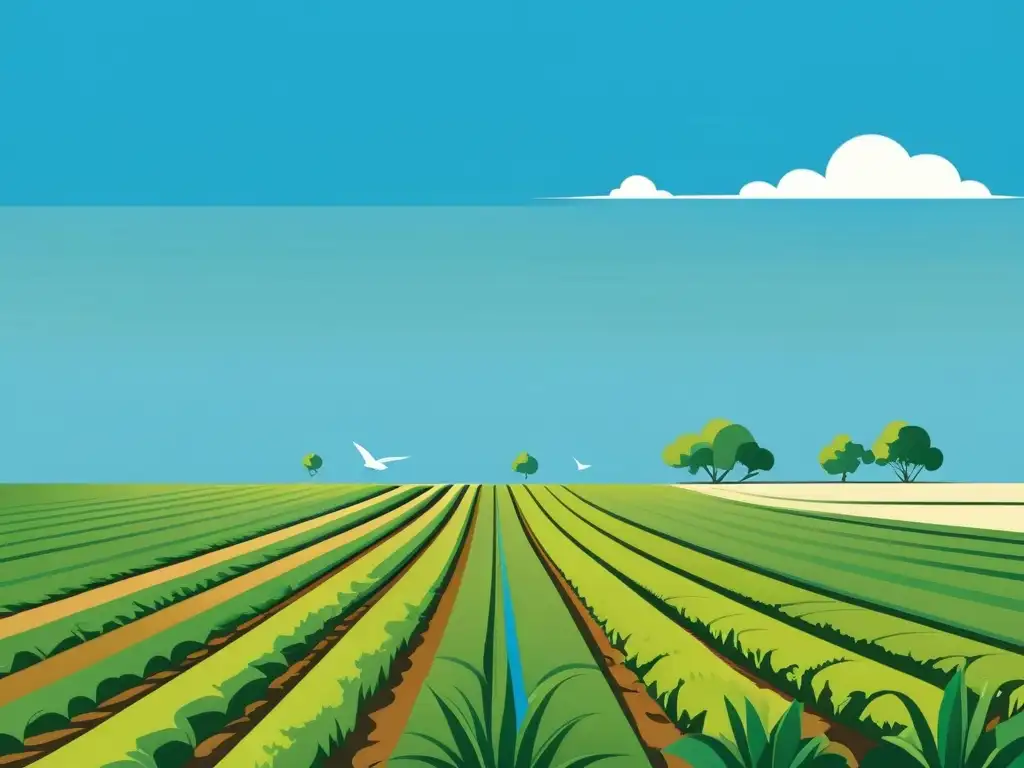 Una ilustración serena y minimalista de un campo agrícola verde exuberante bajo un cielo azul claro, con un sistema eficiente de cosecha de agua