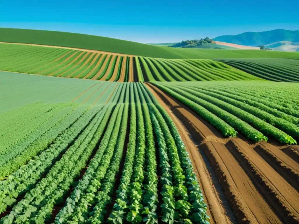 Una ilustración serena y minimalista de un exuberante campo agrícola verde con cultivos, colinas suavemente inclinadas y un cielo azul claro