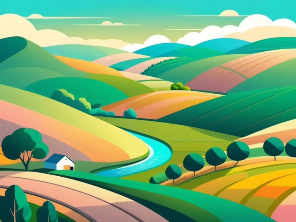 Una ilustración serena y minimalista de un paisaje rural con colinas ondulantes, un río serpenteante y campos de cultivos vibrantes y orgánicos