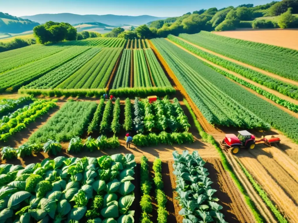 Imagen de agricultores sonrientes cosechando alimentos orgánicos en un campo vibrante