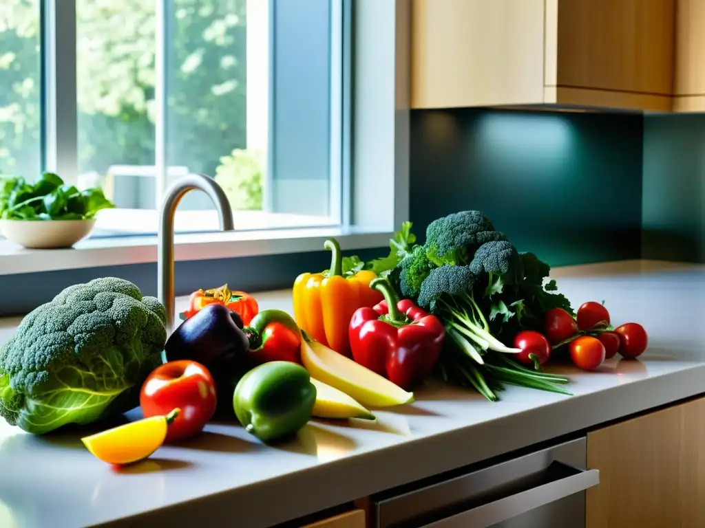 Imagen de alimentos orgánicos frescos y vibrantes en una cocina moderna, resaltando la frescura, la salud y la sostenibilidad