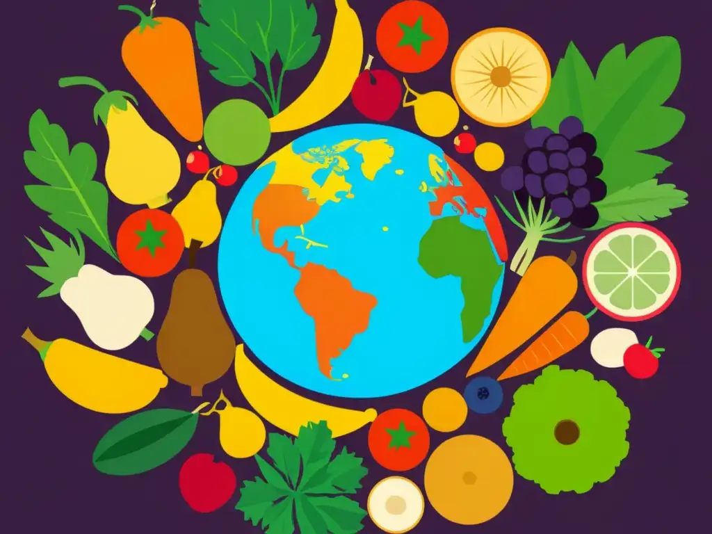 Global Impacto Orgánico: Ilustración Minimalista de Frutas y Verduras Imagen de alta resolución con un globo terráqueo rodeado de frutas y verduras orgánicas, simbolizando el impacto global del movimiento social de alimentación orgánica