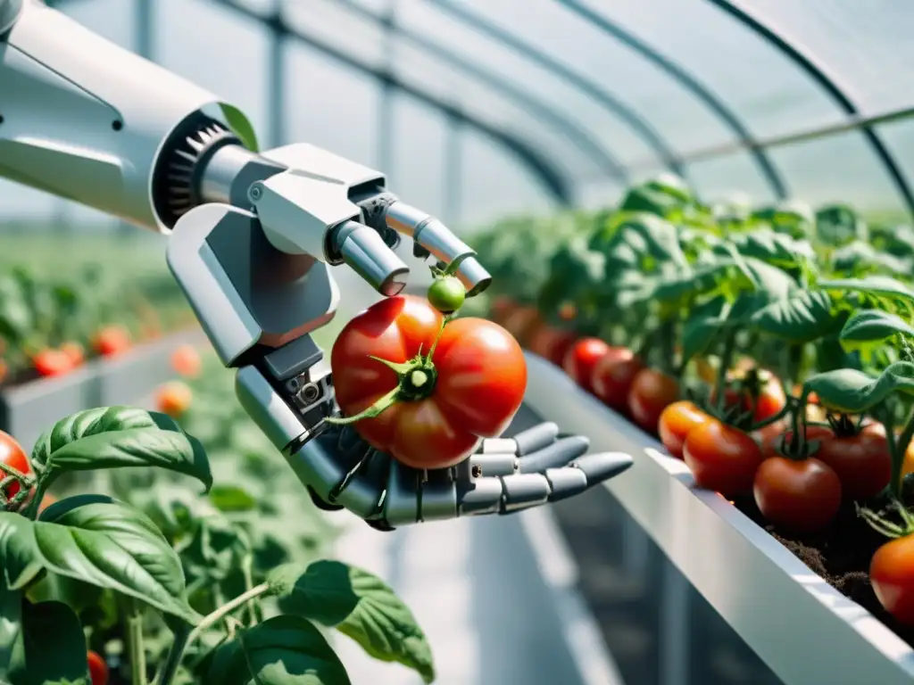 Una imagen de alta tecnología en una granja orgánica, donde un brazo robótico recolecta tomates maduros bajo la luz del sol