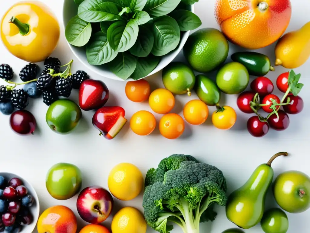 Exquisita variedad de frutas y verduras orgánicas en mesa blanca Una imagen de alta resolución con una variedad de frutas y verduras orgánicas frescas, exhibiendo su belleza natural