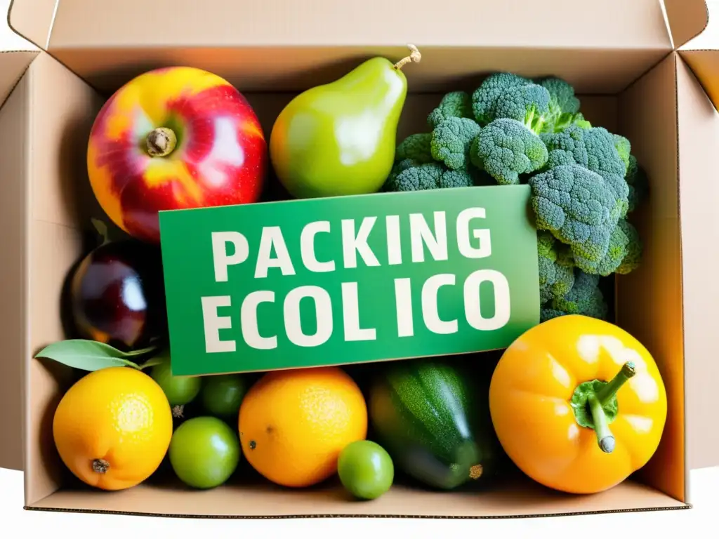 Imagen de caja de cartón reciclado con la inscripción 'Packaging ecológico', repleta de alimentos orgánicos frescos y vibrantes, mostrando su aplicación práctica en la agricultura ecológica