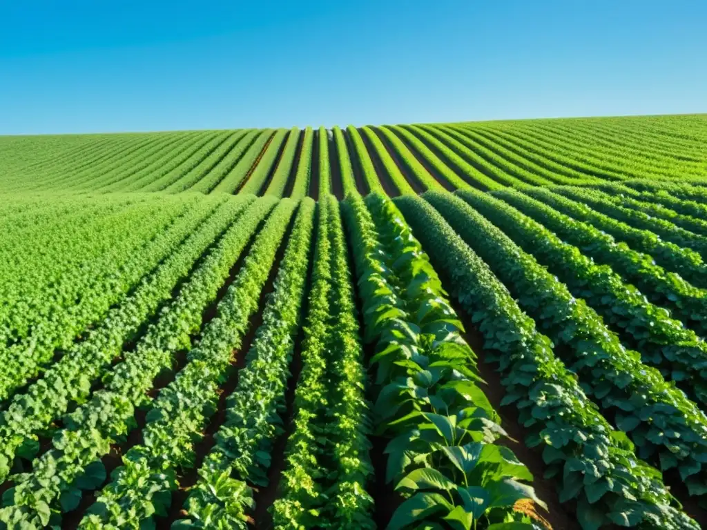 Imagen de un campo exuberante con cultivos bajo un cielo azul claro, reflejando la gestión de recursos naturales en la agricultura ecológica